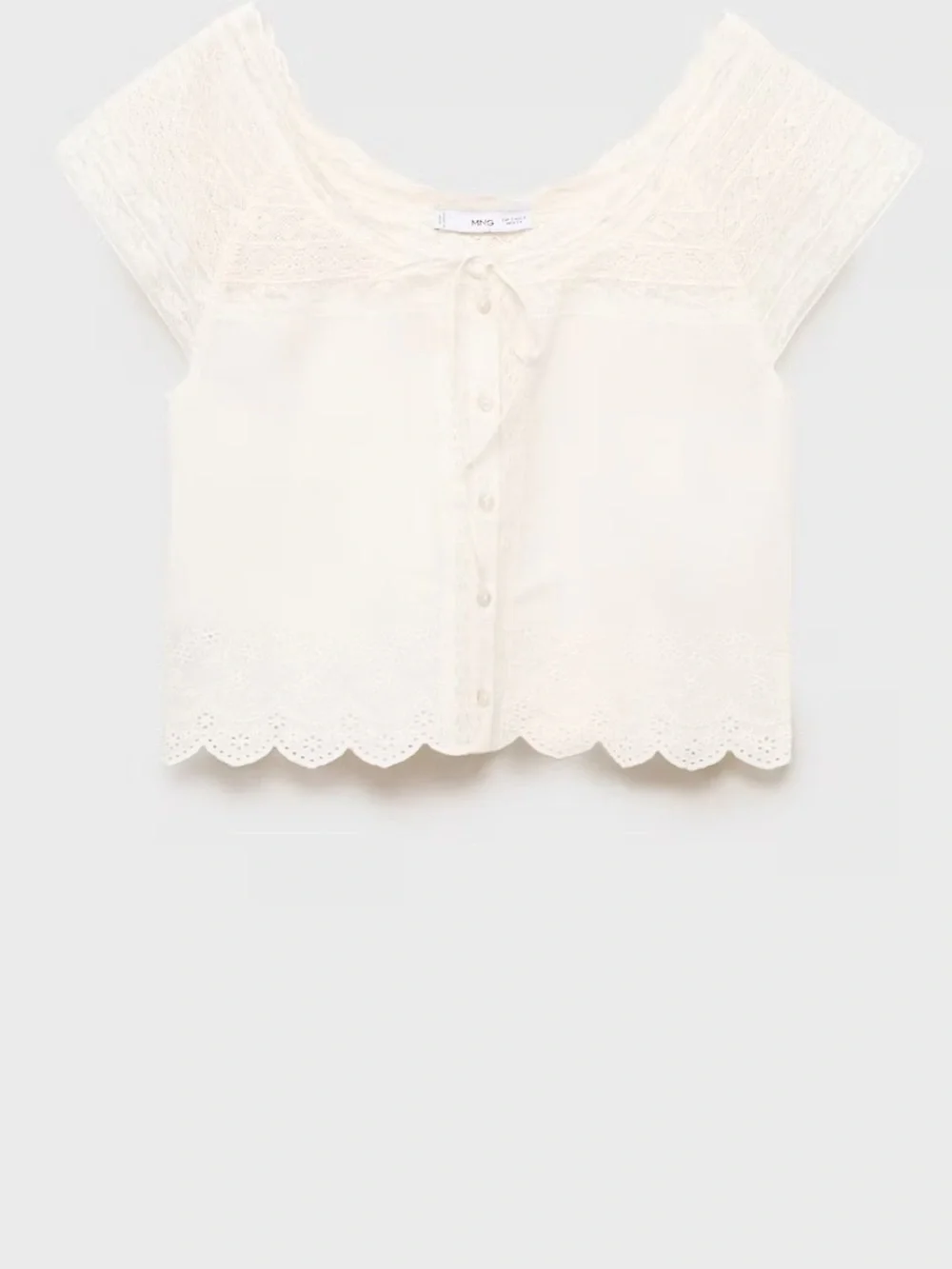 Mango NWT Cotton Lace Eyelet Scallop Delicate Cream Button Front Blouse Doen - Picture 6 of 12